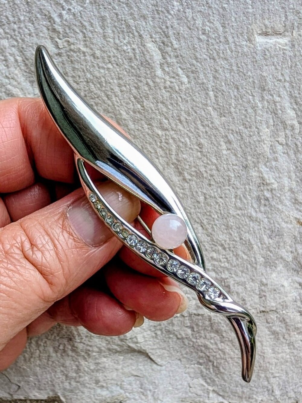 Modernist Silver-Tone Brooch - Crystals and a Central Pink Stone - Vintage